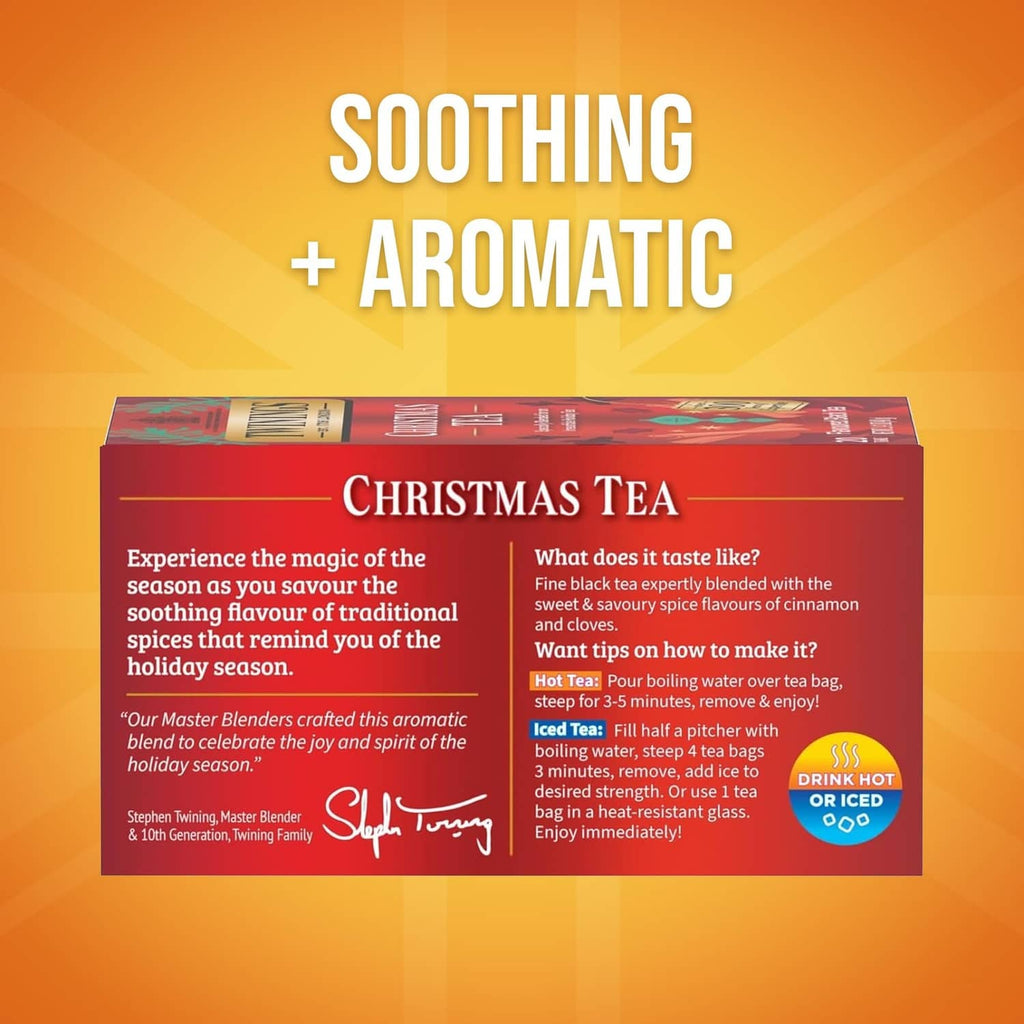 Twinings Christmas Tea back-of-pack panel showing brewing and taste information on red carton.