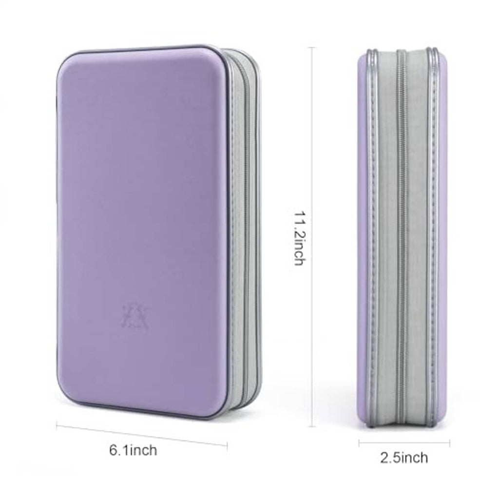 Lavender hard plastic CD case organizer wallet, side profile with stacked zipper seams.