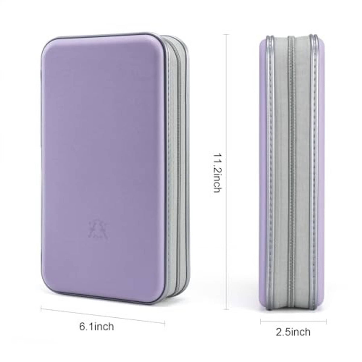 Lavender hard plastic CD case organizer wallet, side profile with stacked zipper seams.
