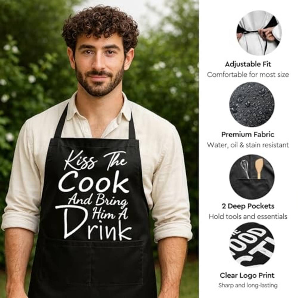 Black adjustable cooking apron with “Kiss The Cook” text; front bib pocket