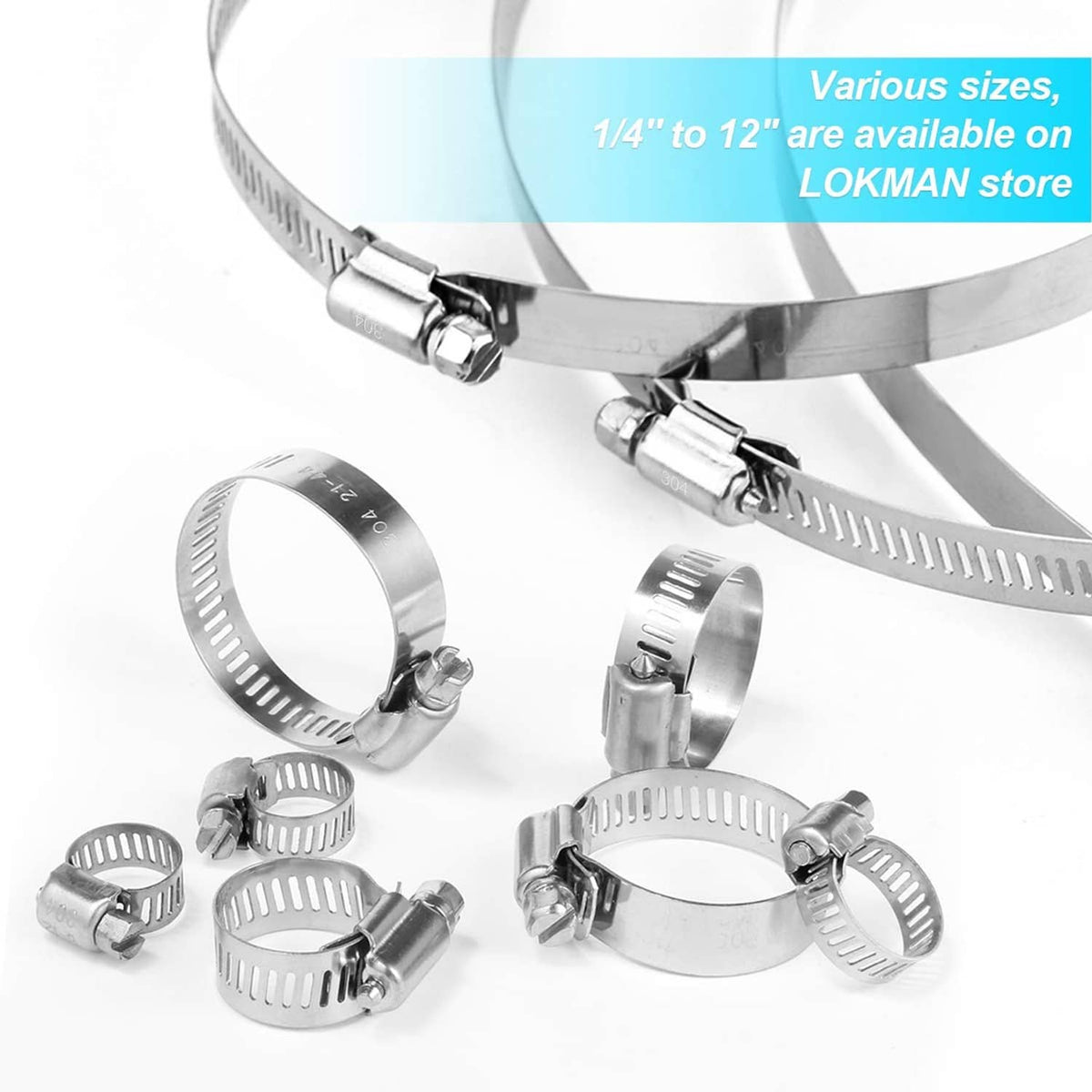 Assorted stainless steel hose clamps with worm-gear bands and hex tightening screws