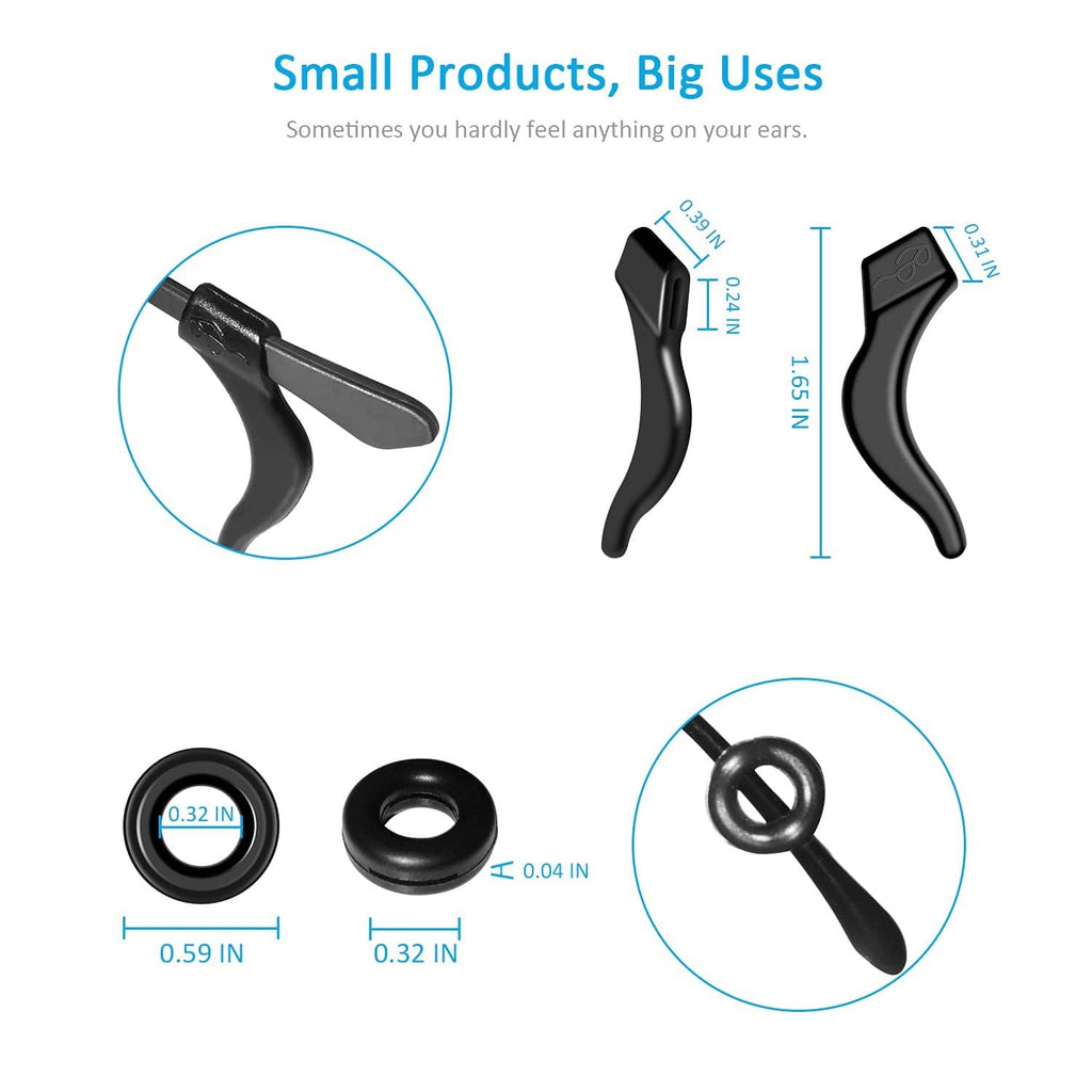 Black silicone eyeglass ear grips with size measurements shown