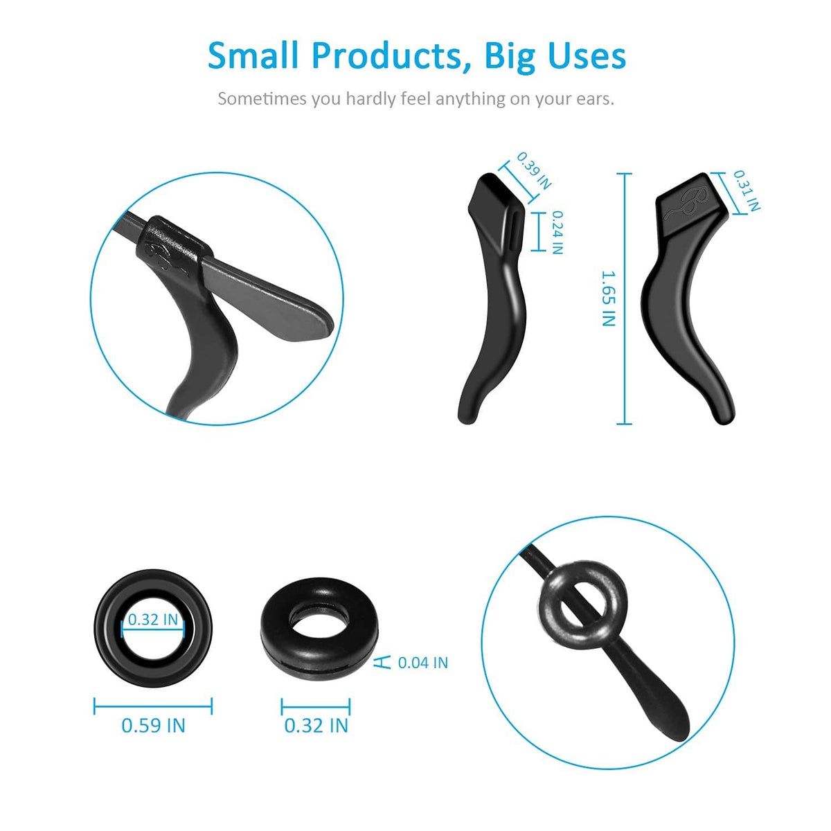Black silicone eyeglass ear grips with size measurements shown