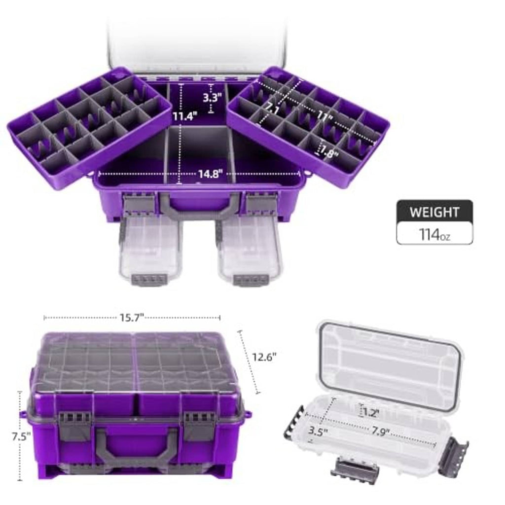 Purple tackle box with multi-tray organizer, clear lid, and removable transparent accessory cases