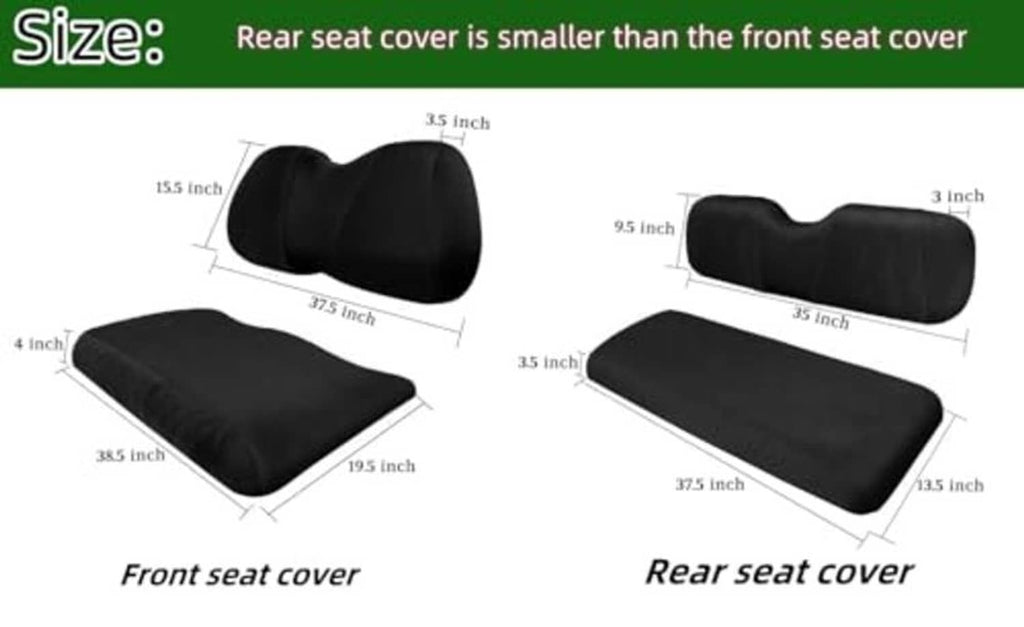 Front and rear seat cover sizing diagram for golf cart, black mesh cushions