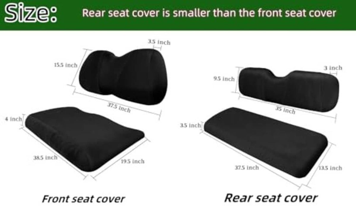 Front and rear seat cover sizing diagram for golf cart, black mesh cushions