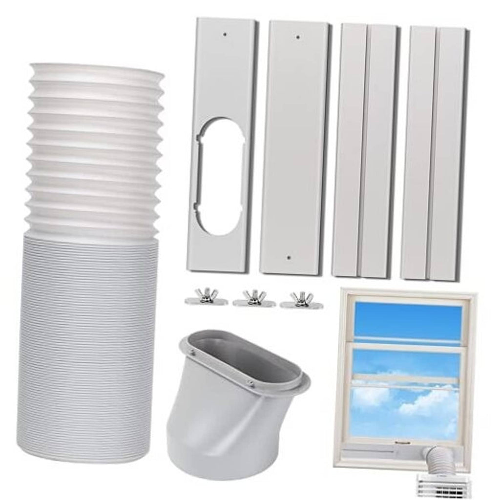Portable air conditioner window kit with white corrugated exhaust hose, gray elbow, plates