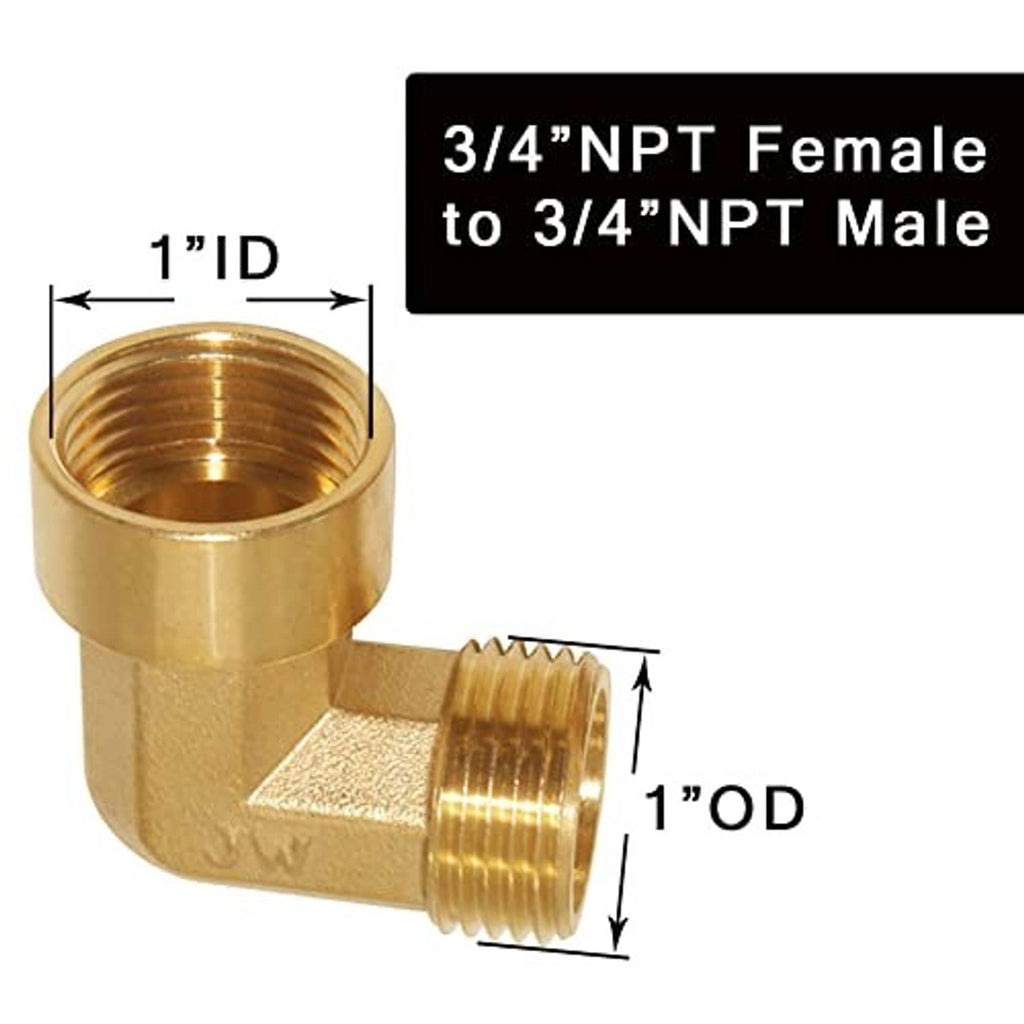 Brass elbow fitting, 3/4 in NPT female to 3/4 in NPT male; 1 in ID and 1 in OD