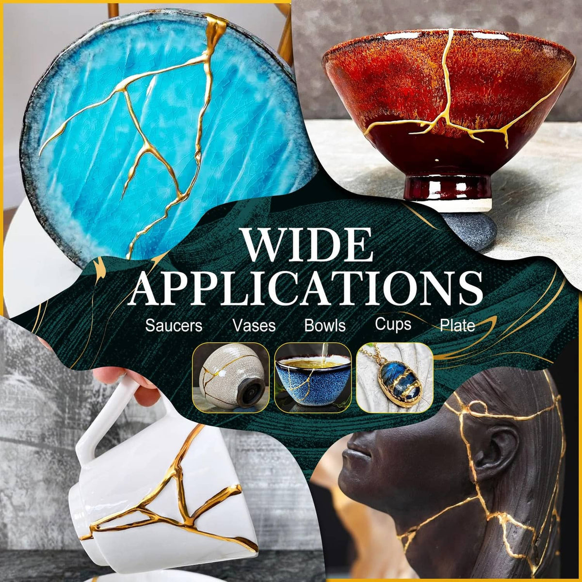Crack-repaired bowls with gold lines—blue and dark red examples