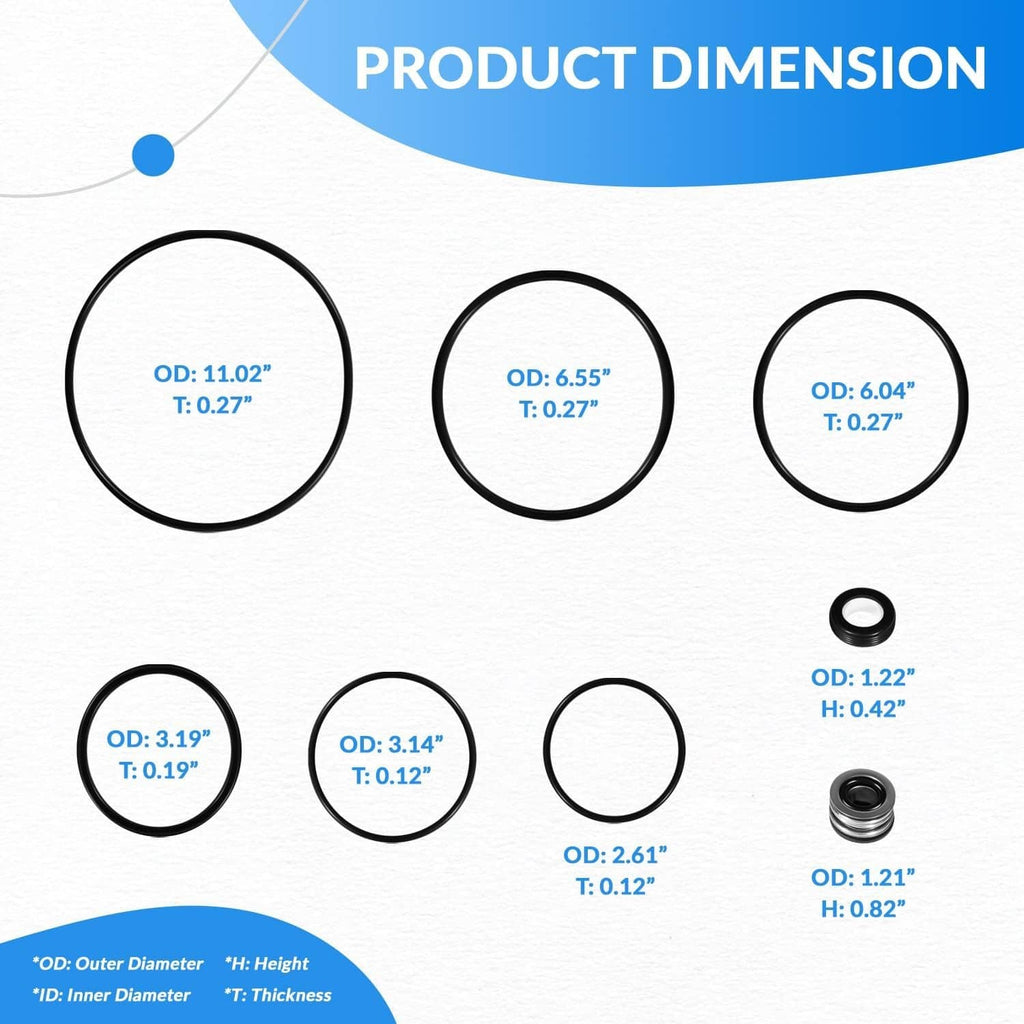 Shaft seal and O-ring rebuild kit dimension chart with multiple ring sizes