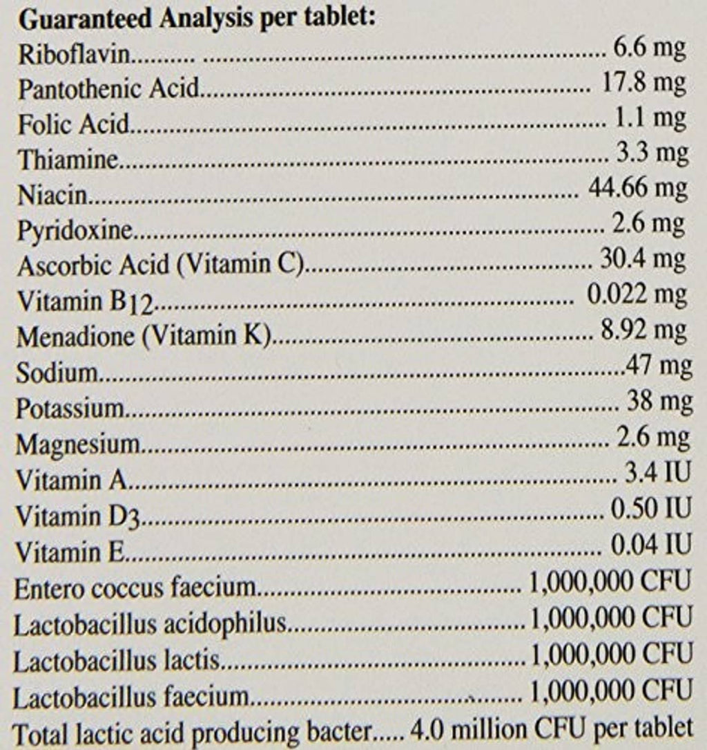 Guaranteed analysis per tablet nutrition panel for Alive & Well bird supplements