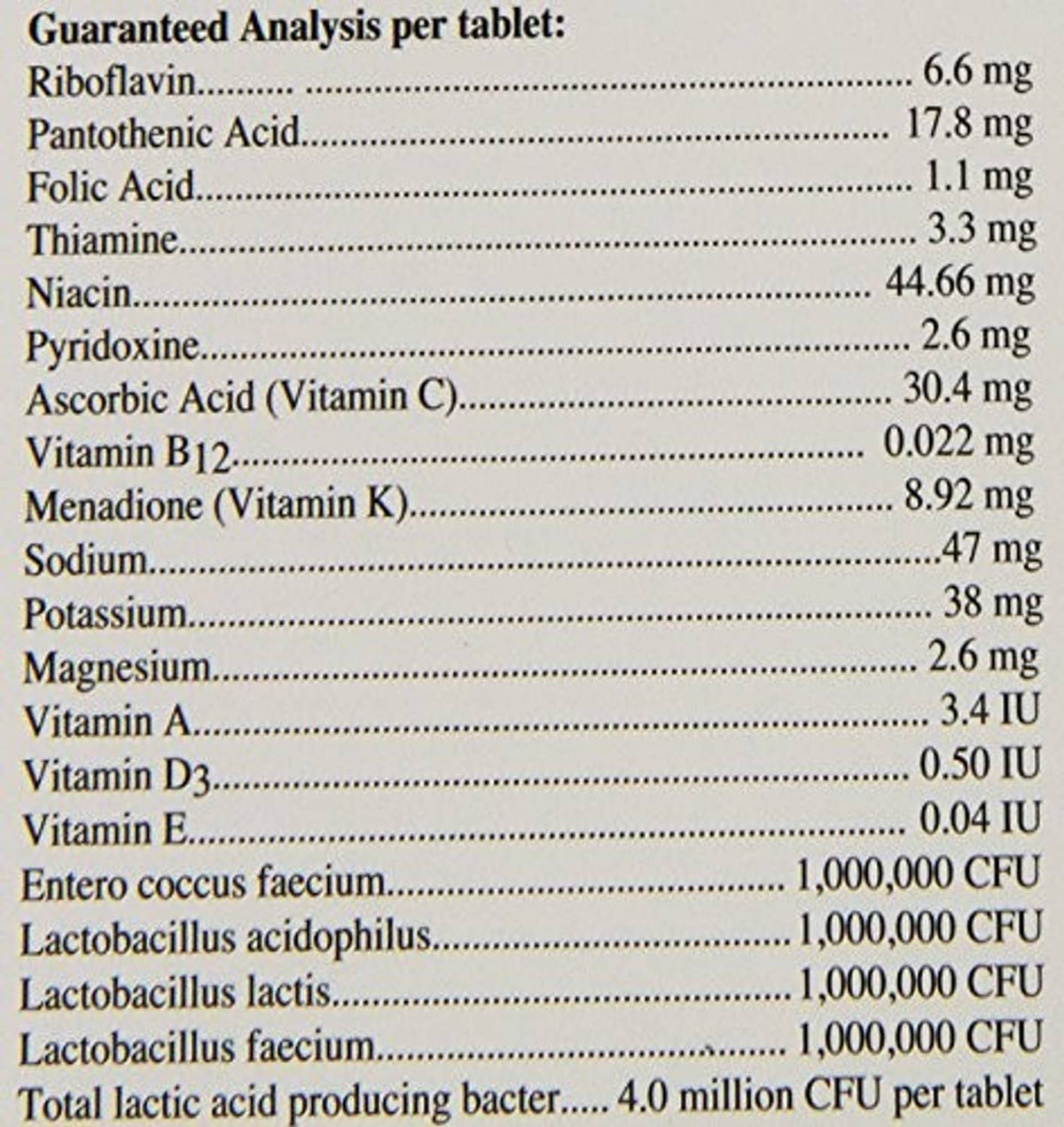 Guaranteed analysis per tablet nutrition panel for Alive & Well bird supplements