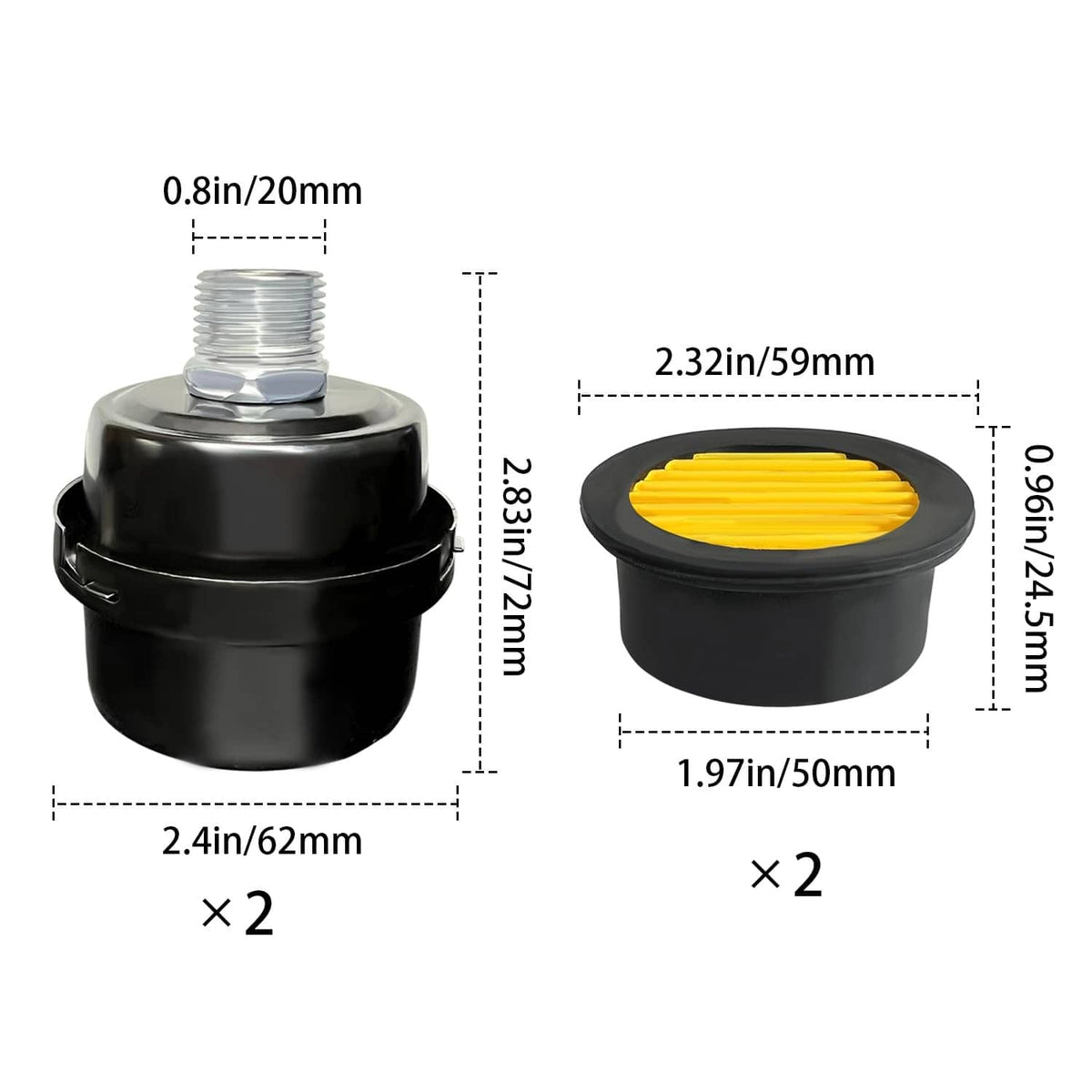 Air compressor silencer muffler with black housing, yellow pleated filter, and 20mm thread