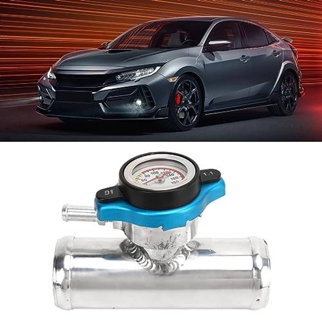 Radiator coolant filler neck with blue gauge cap on chrome pipe connector