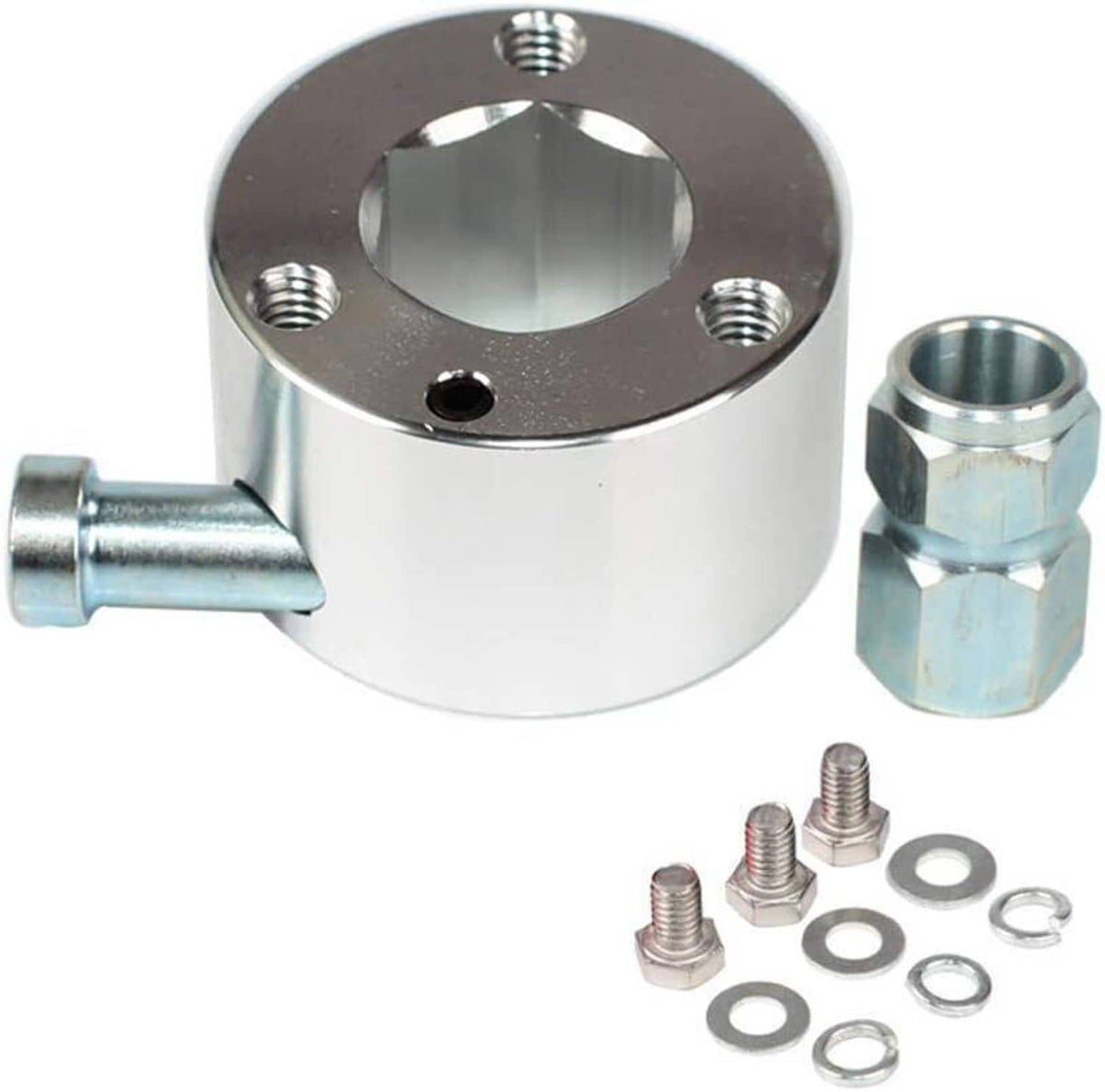 Quick-release steering hub with silver metal body and included mounting hardware