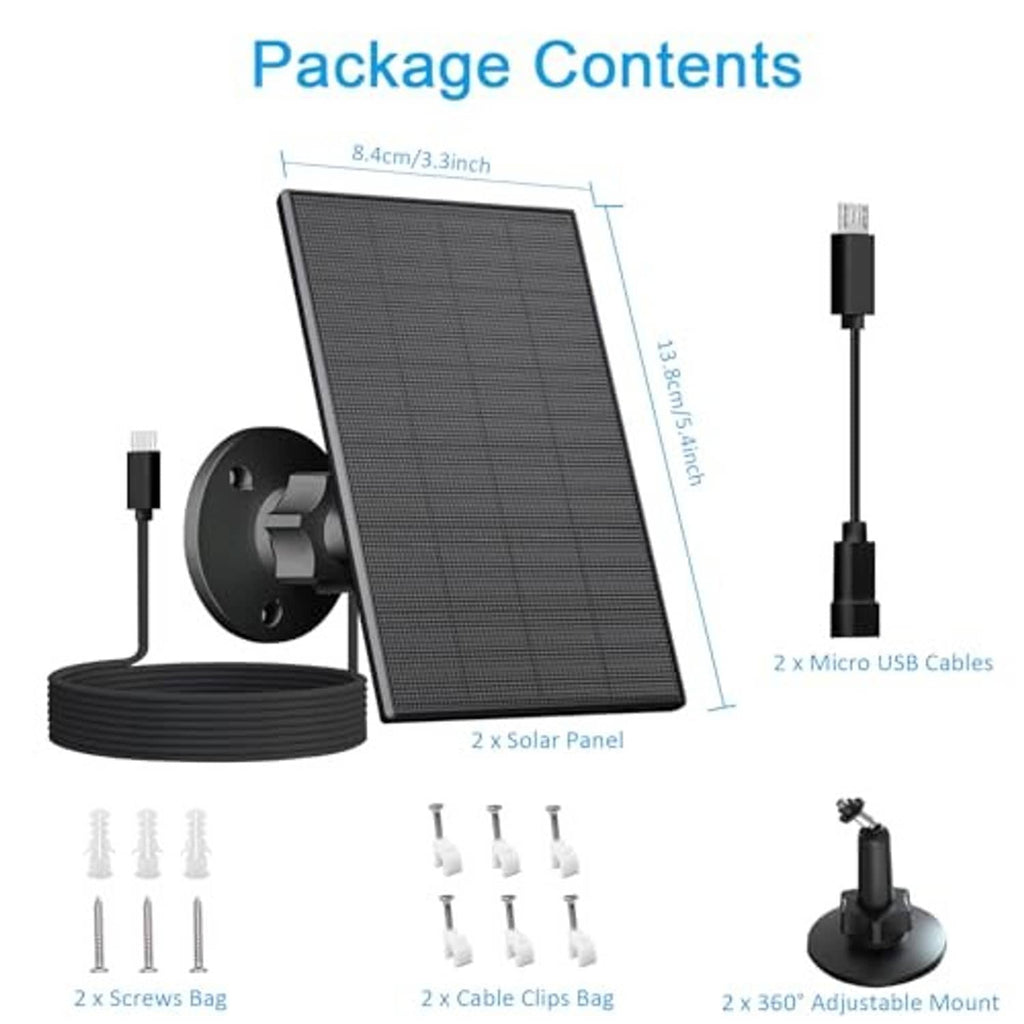 Solar panel kit contents: two panels, screws, cable clips, and 360° adjustable mount