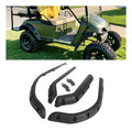 Set of 4 black fender flares installed on an EZGO TXT golf cart, front and rear