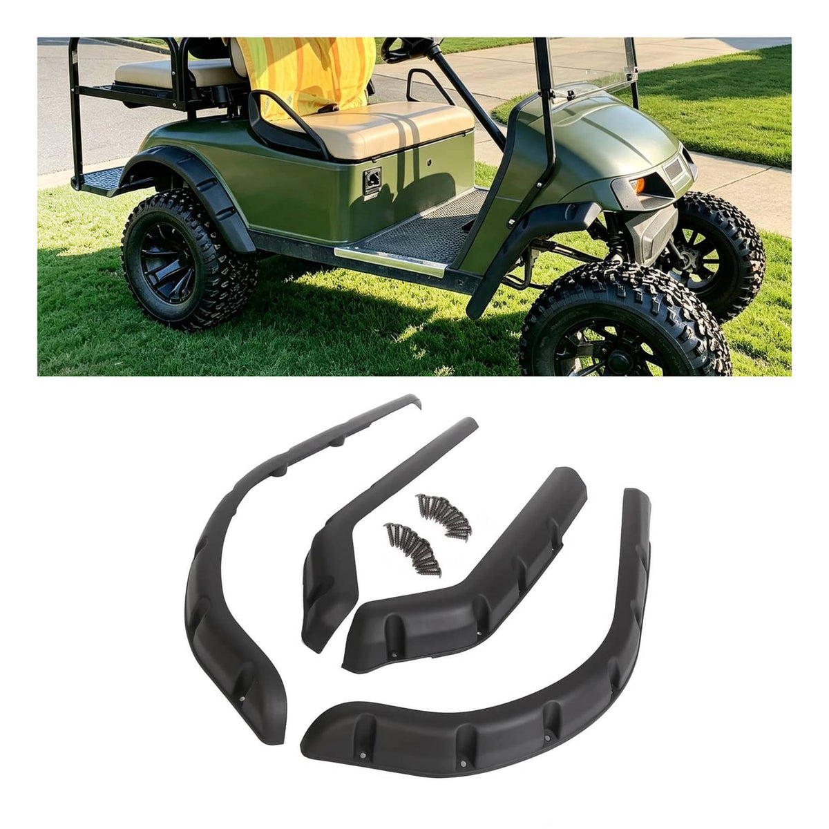 Set of 4 black fender flares installed on an EZGO TXT golf cart, front and rear