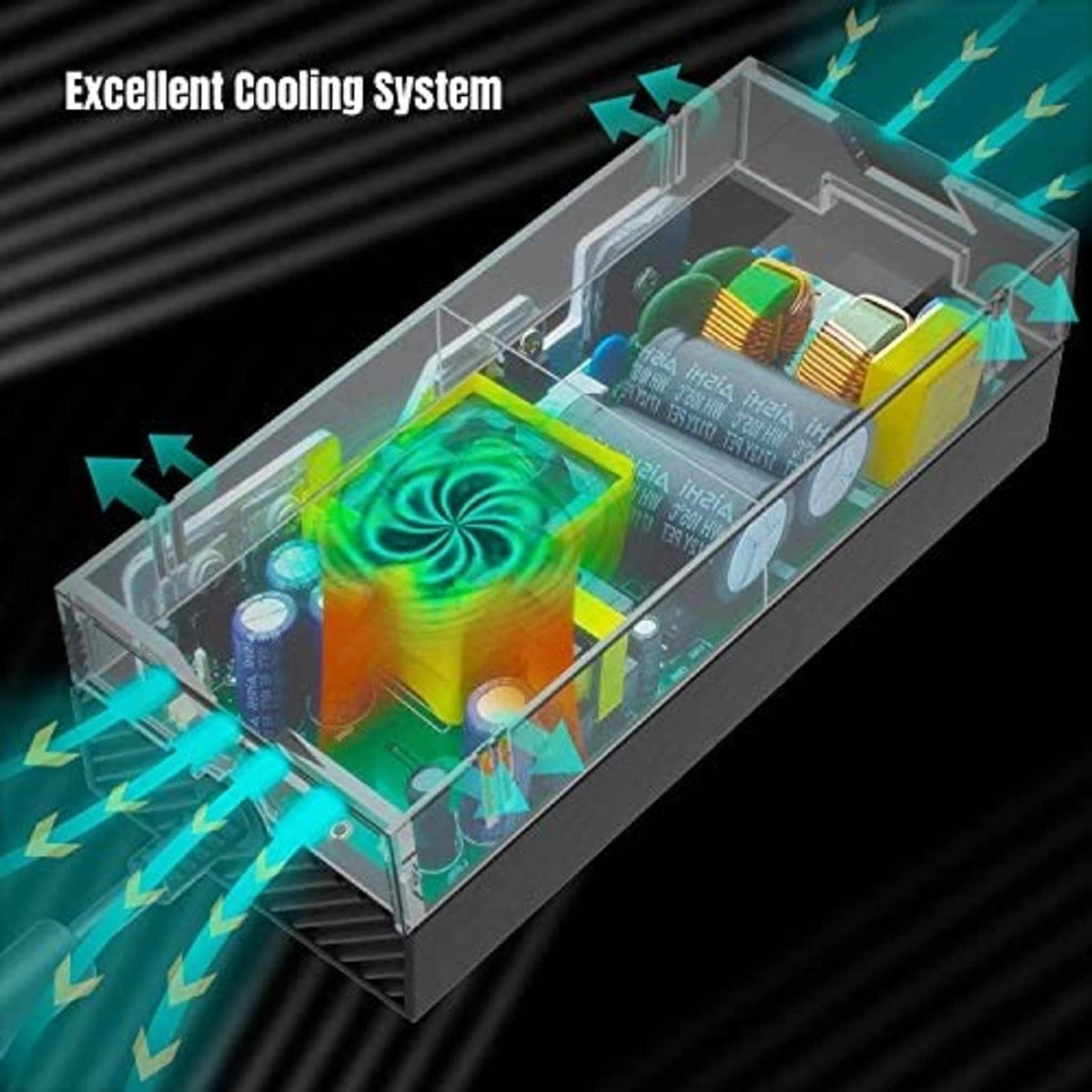 Black power supply cooling system showing airflow over internal components