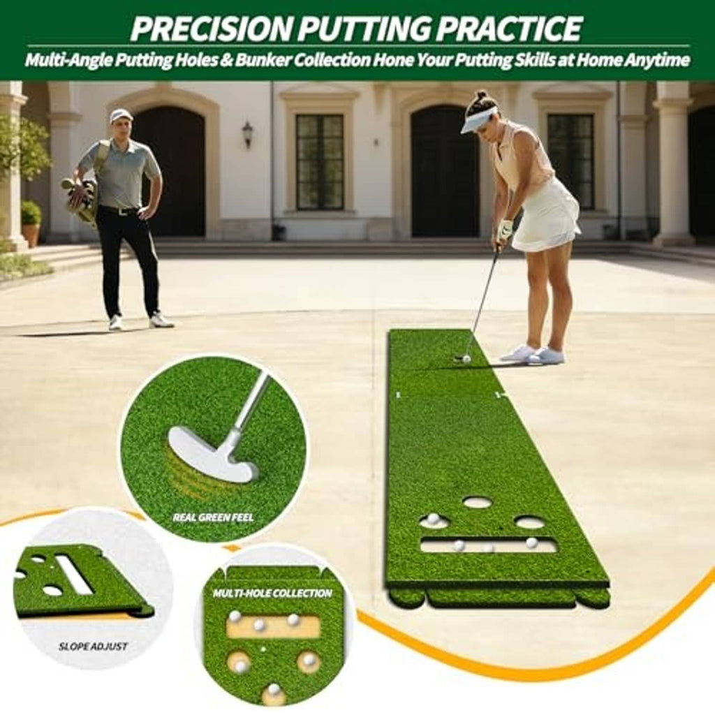 Green putting practice turf mat with multiple putting holes and bunker-style zone