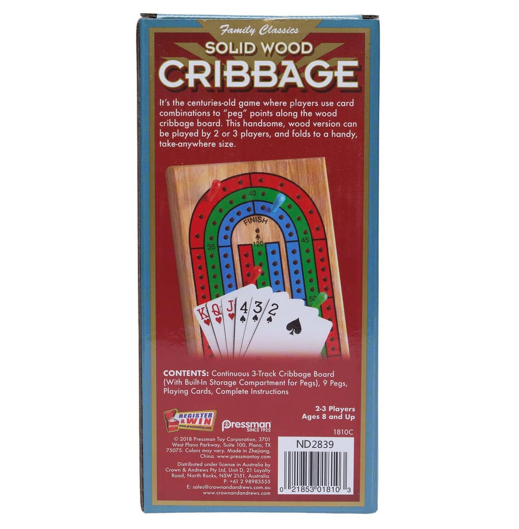 Solid wood cribbage board retail box back with contents text and barcode