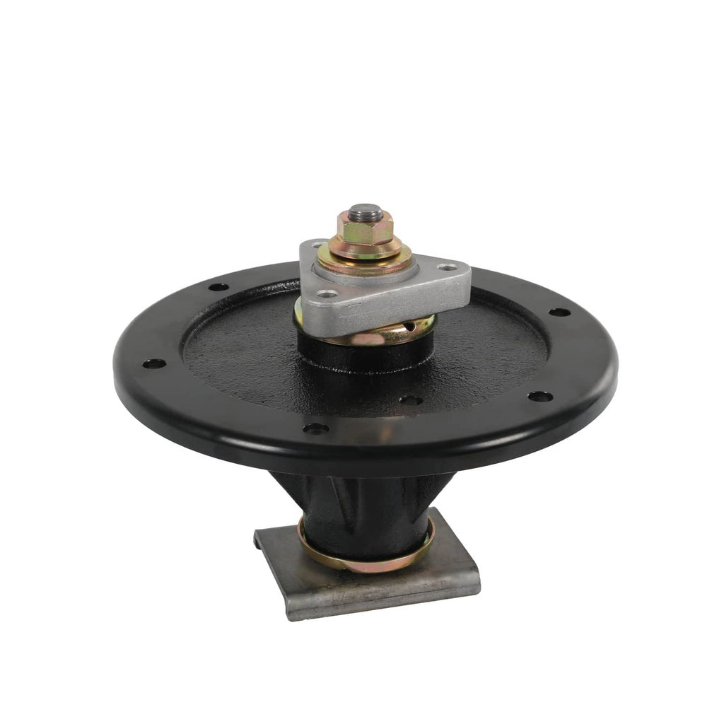 Black mower deck spindle with round base and top mounting bracket, angled view