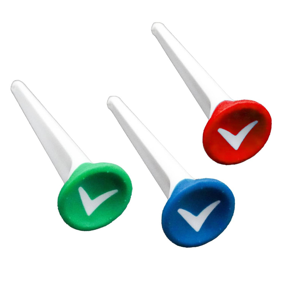 Close-up of Callaway plastic golf tee heads: red, green, and blue on white shafts