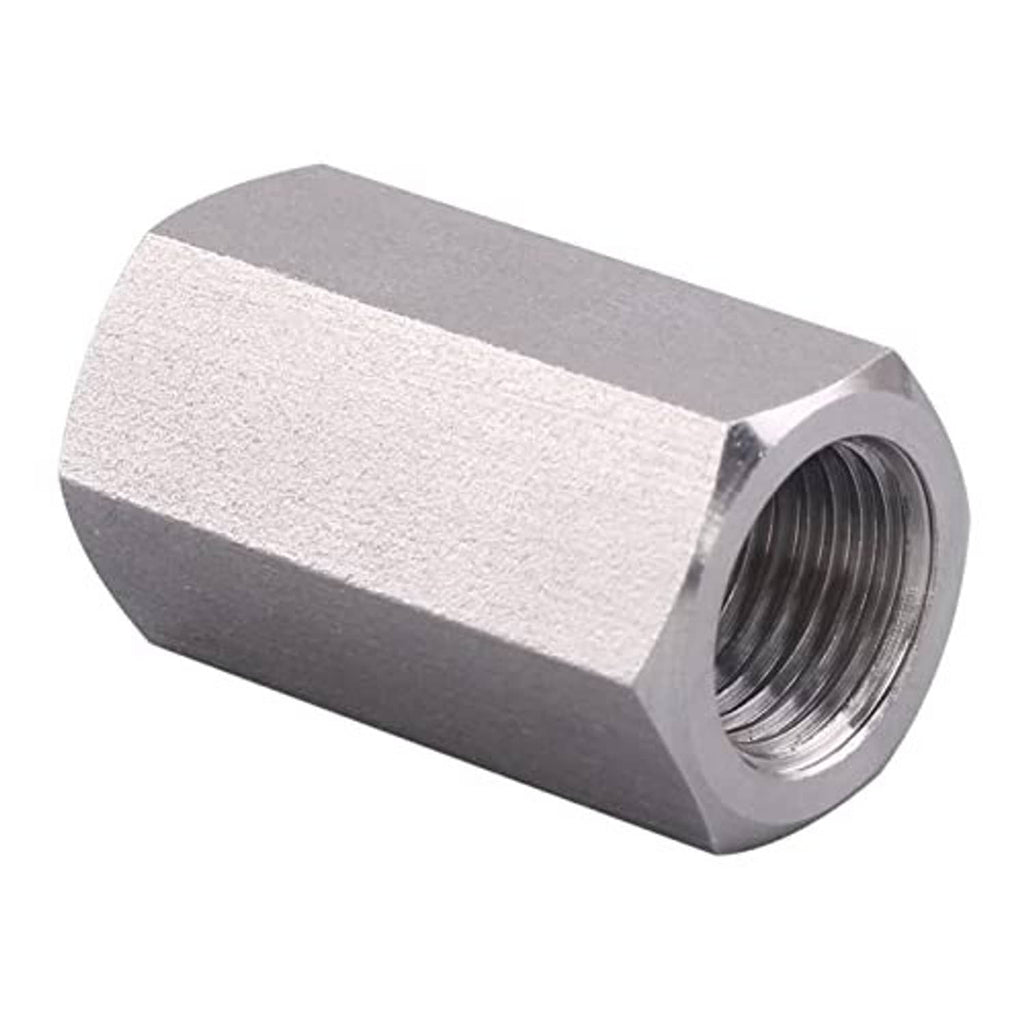 Stainless steel full hex coupling with 1/8" NPT threads and hex end opening