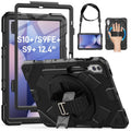 Black rugged tablet case with rotatable hand strap and built-in screen cover