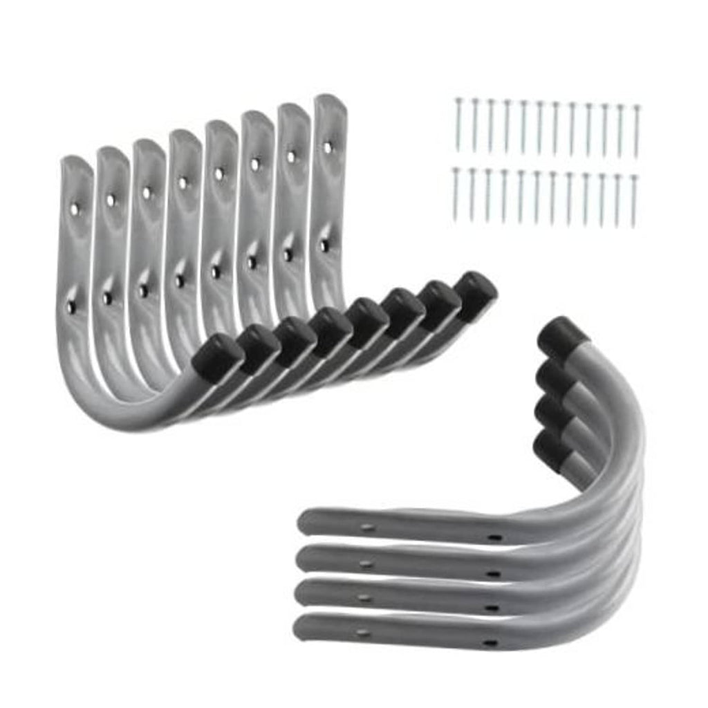 Gray metal U-shaped wall hooks set with mounting screws and black rubber tips