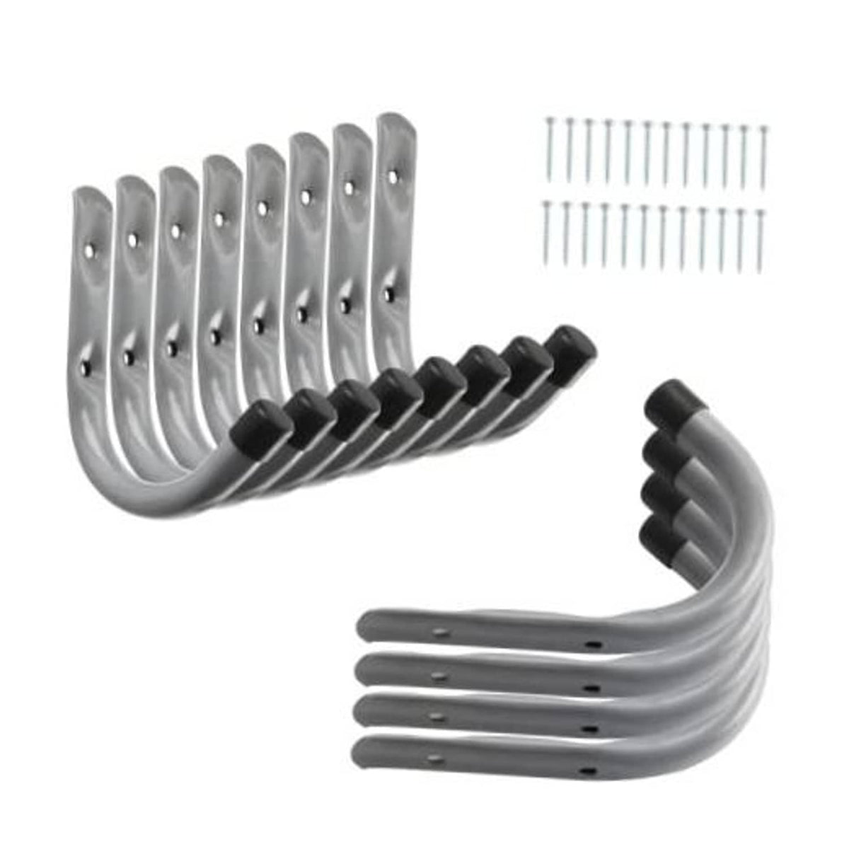 Gray metal U-shaped wall hooks set with mounting screws and black rubber tips