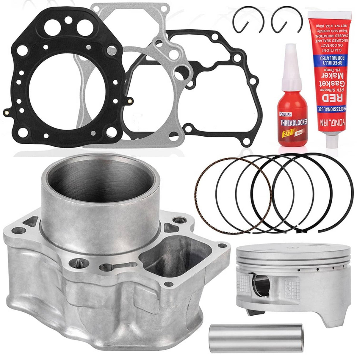 Engine rebuild kit with silver cylinder block, piston, rings, black gaskets, and red sealant