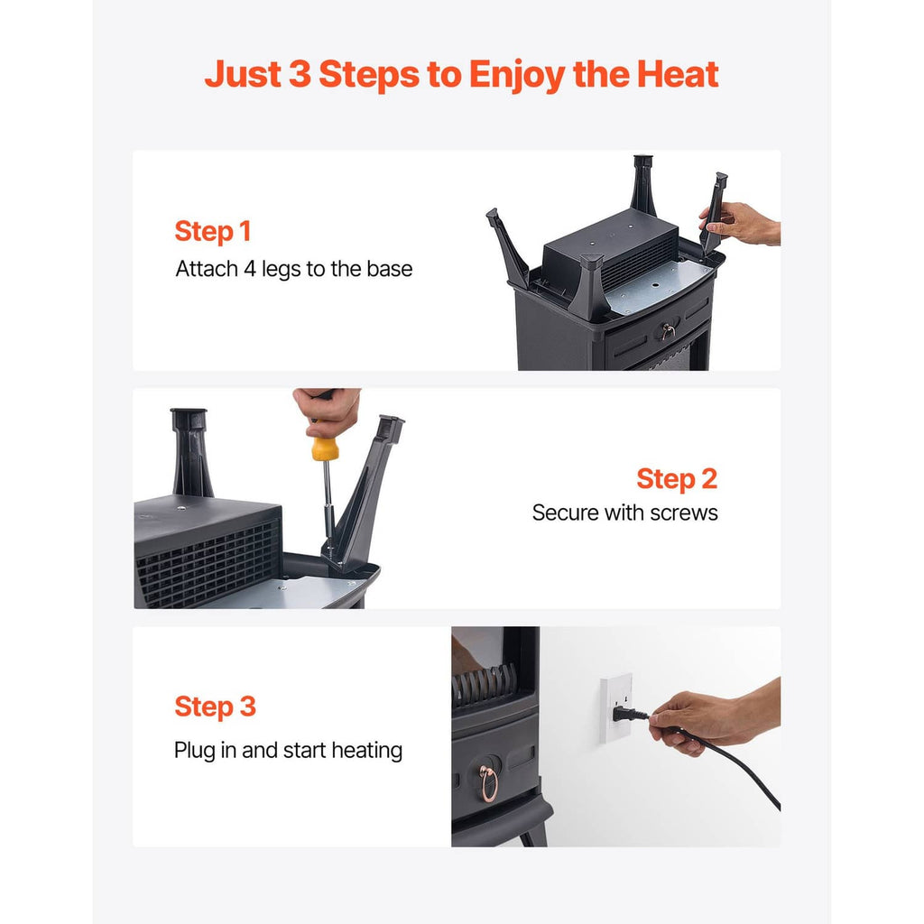 Black electric fireplace heater parts and setup steps, showing base legs and power cord