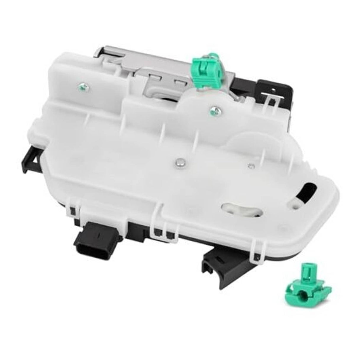 Front door lock latch actuator, white housing with green connector clips
