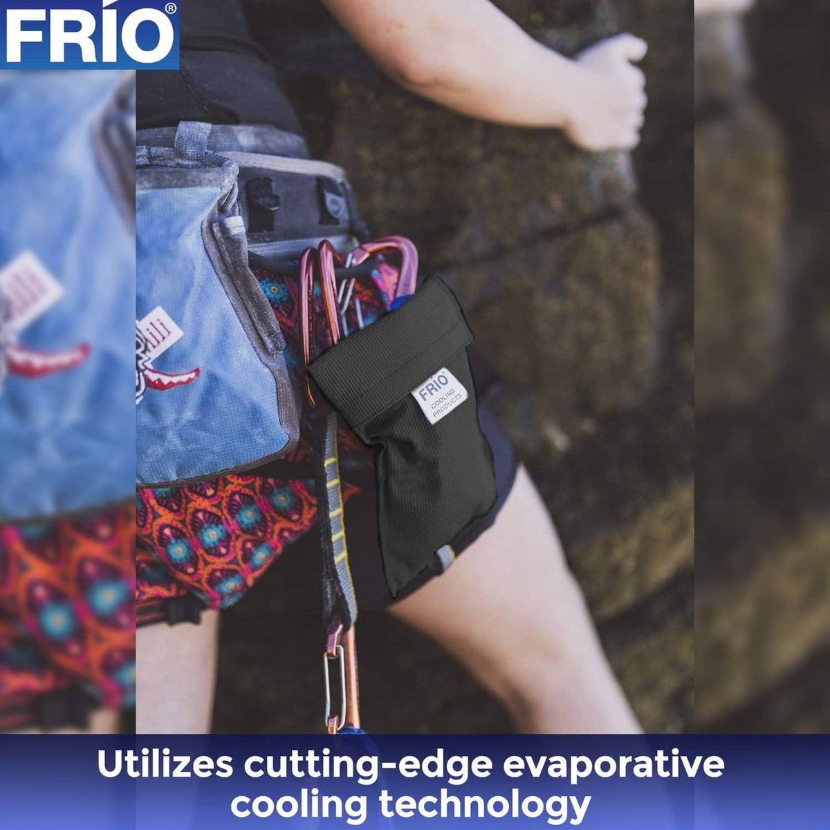 Black cooling wallet with FRIO label and attached storage pouch