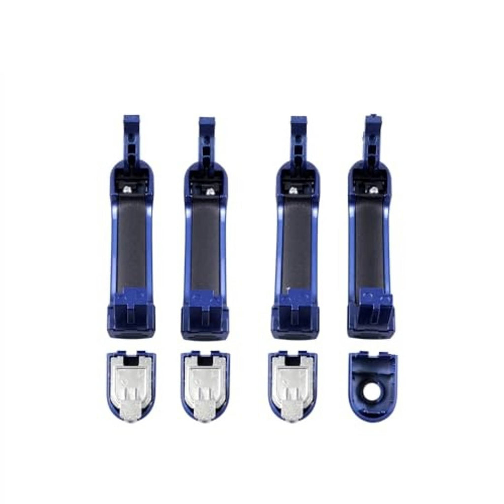 Four blue exterior handle frames with silver key cylinder inserts