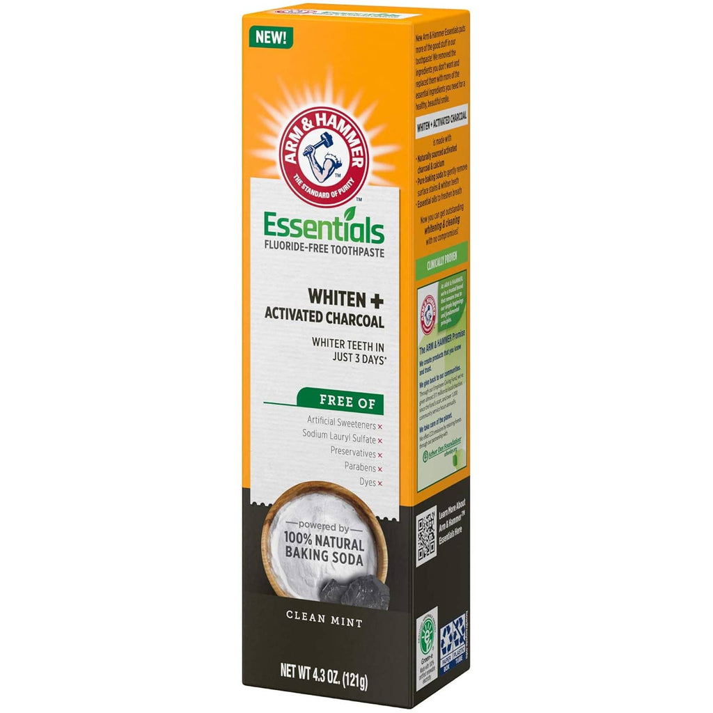 ARM & HAMMER Essentials fluoride-free whitening toothpaste box with activated charcoal, clean mint