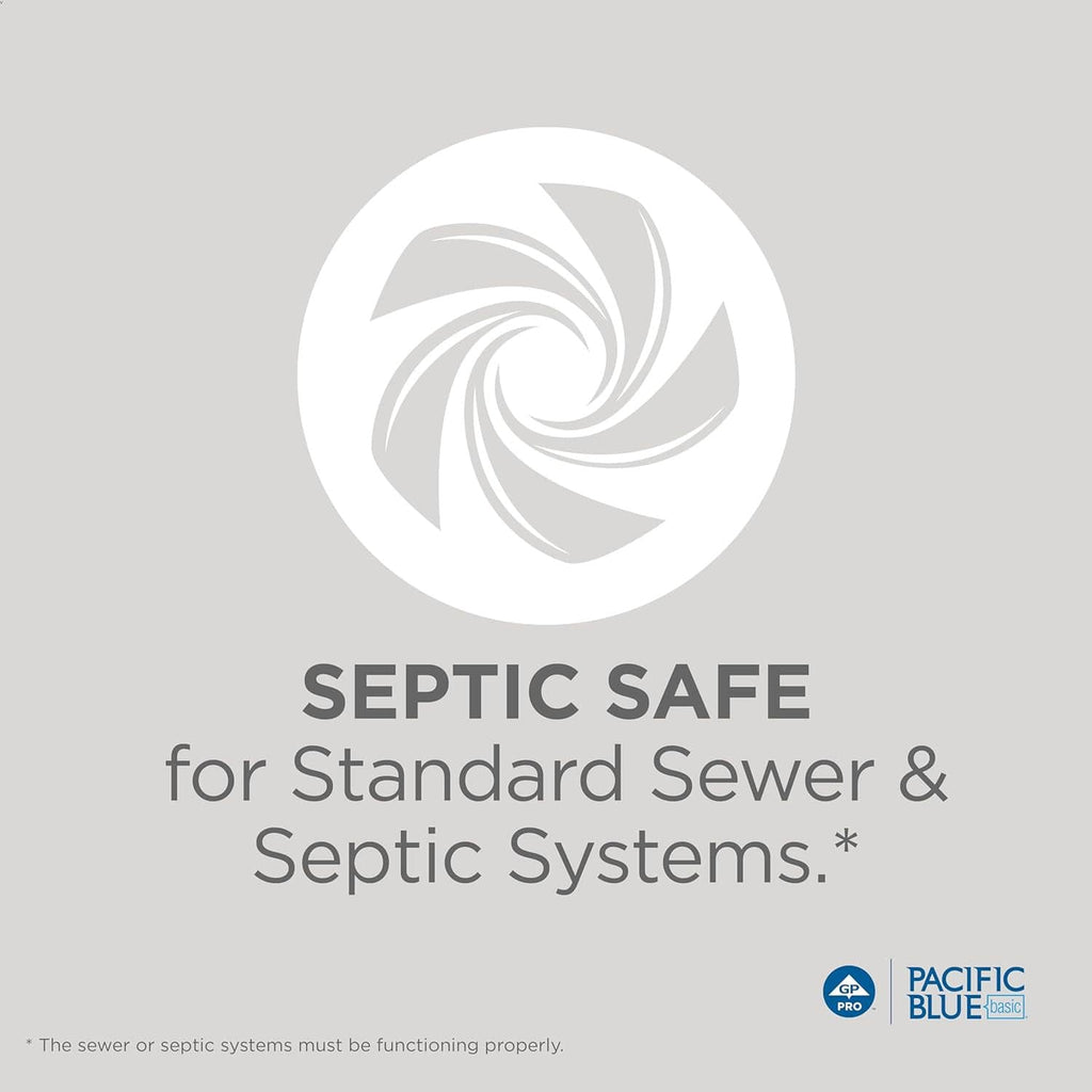 Septic-safe toilet paper packaging card with swirl icon and Pacific Blue logo