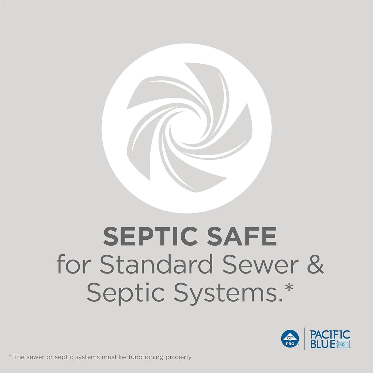 Septic-safe toilet paper packaging card with swirl icon and Pacific Blue logo