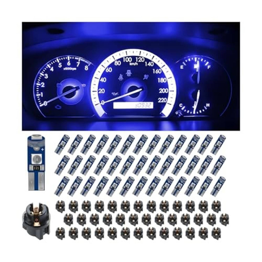 Blue-lit car speedometer gauge cluster with multiple T5 LED bulbs in grid