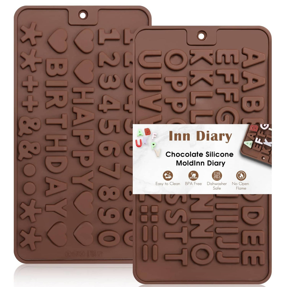 Silicone chocolate letter and number mold set with embossed birthday letters and hearts