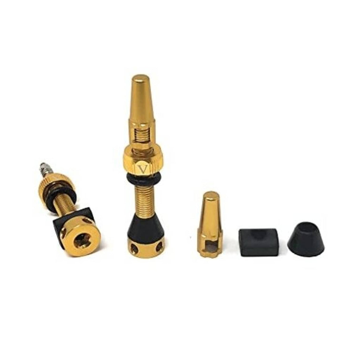 Gold tubeless Presta valve stems with locknuts, caps, and two rubber grommets