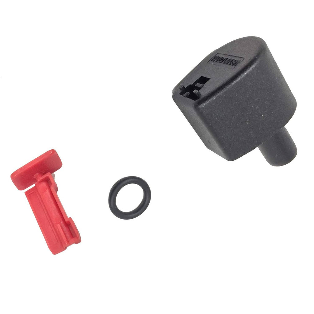 Transmission dipstick tool end cap and probe tip, with red clip and black sealing ring.