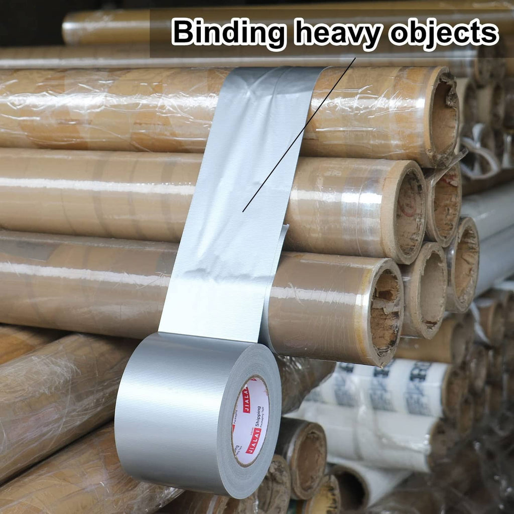 Stacked silver duct tape rolls bound together, ready for heavy-duty packaging.