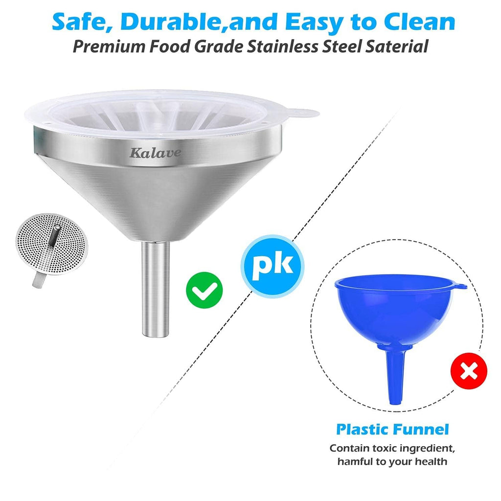 Stainless steel kitchen funnel with filter mesh disc and cleaning brush