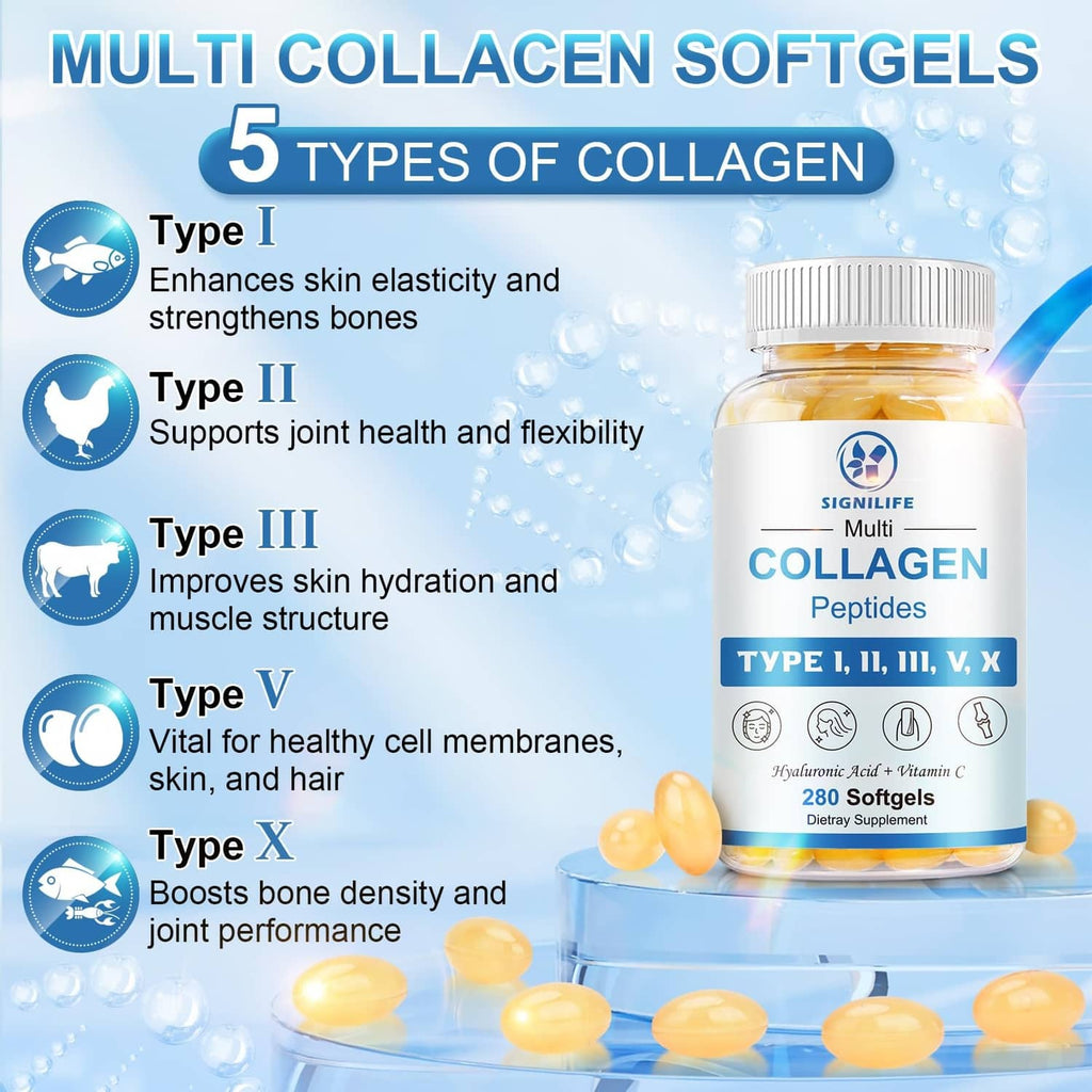 SIGNILIFE collagen peptides bottle with 5 types of collagen infographic