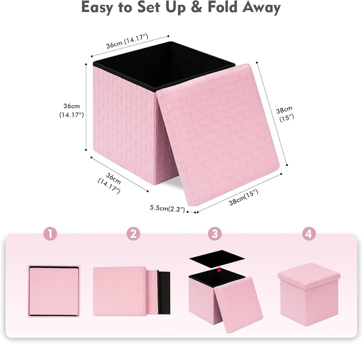 Pink folding storage cube ottoman diagram showing open lid and dimensions.