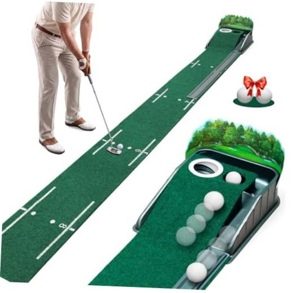 Indoor putting green mat with dual practice holes and ball return track