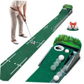 Indoor putting green mat with dual practice holes and ball return track