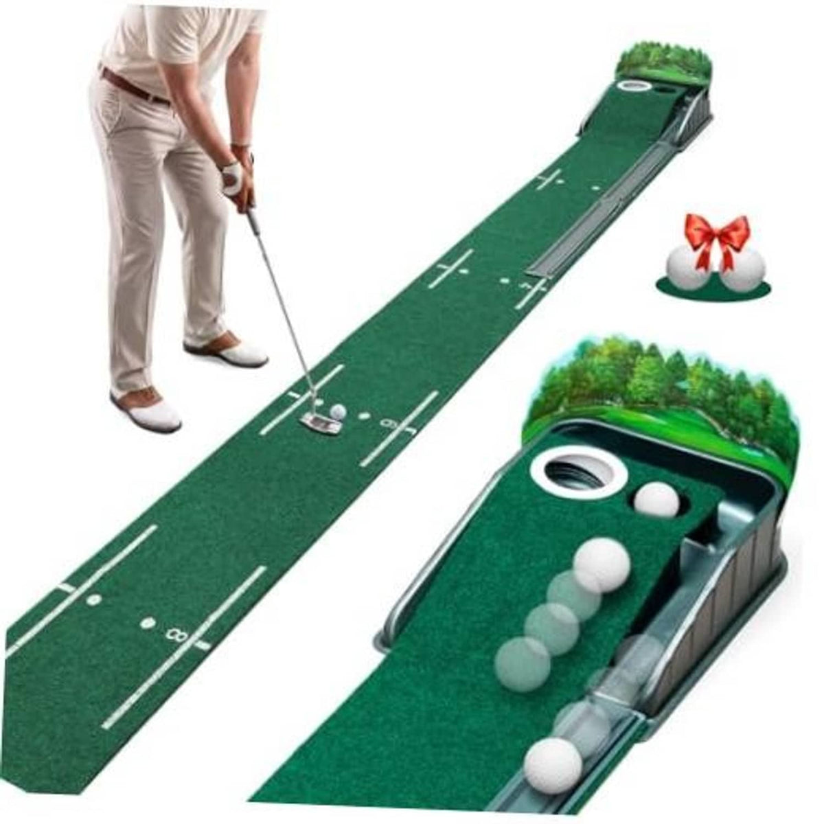 Indoor putting green mat with dual practice holes and ball return track